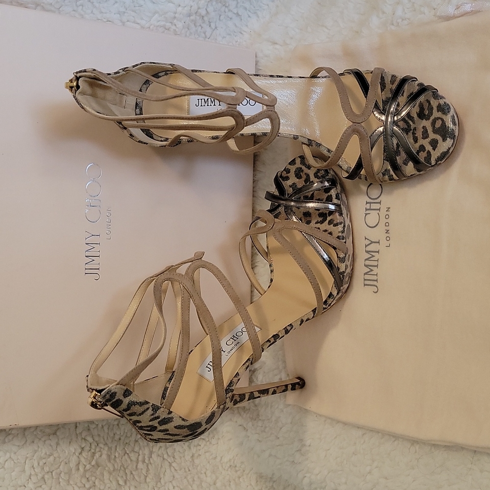 SALE!!! NIB/NWT Jimmy Choo Shimmer Leopard Suede Stiletto Sandals Sz 39.5/9.5